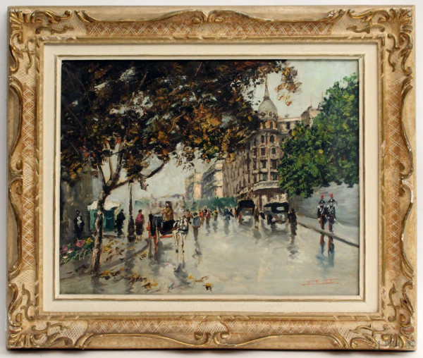 Scorcio di città con carrozze olio su tela cm 40x50 firmato Ezelino