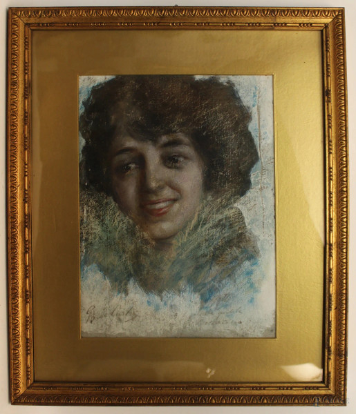 Giambattista De Curtis, volto di attrice Carlotta Bocconcino, pastello su tavola 36x27 cm, firmato entro cornice.