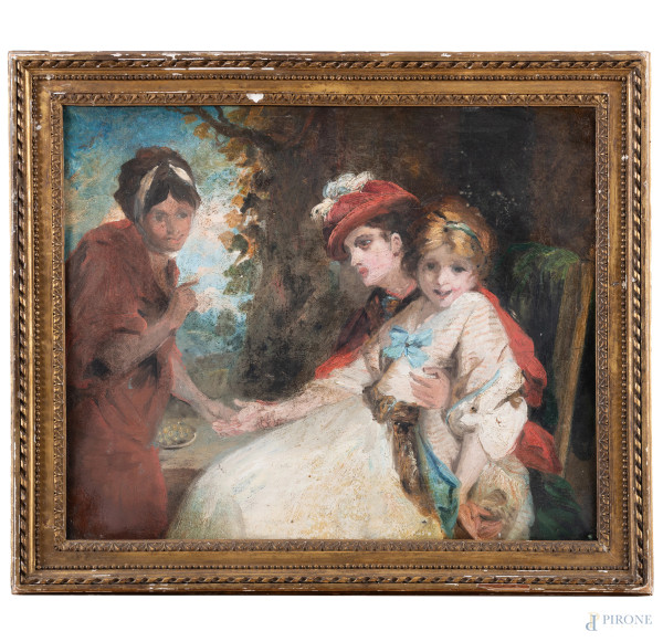 Chiromante da Joshua Raynolds, XIX-XX secolo, olio su tela, cm 43x53, entro cornice, (sollevamenti, abrasioni, cadute di colore, craquelure)