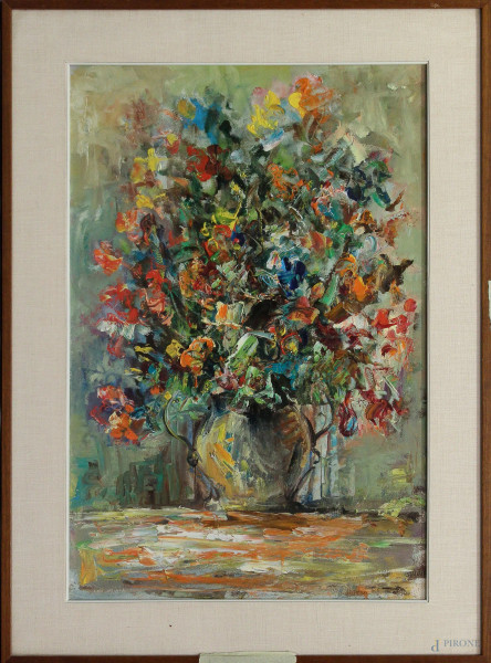 Fiori, dipinto ad olio su tavola, cm 58 x 38, entro cornice.