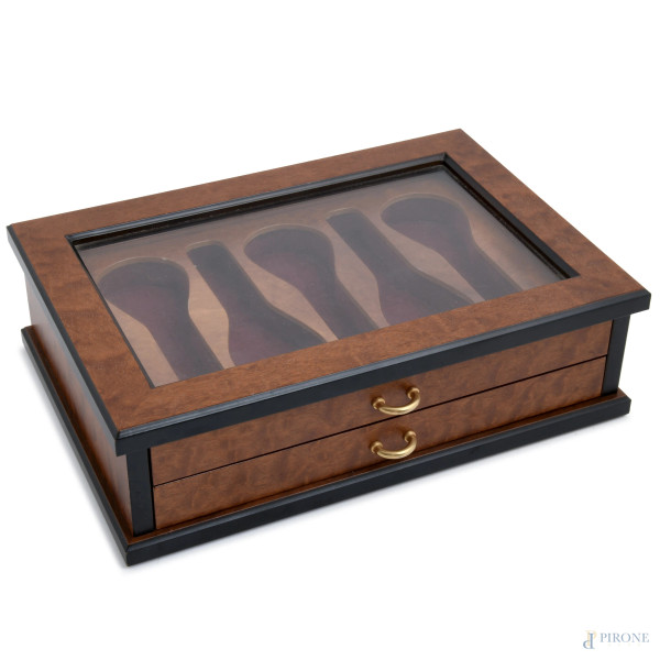 Scatola portaorologi a due cassetti in legno, XX secolo, cm 9x30x21, (lievi segni di usura)