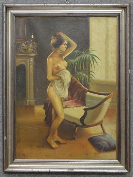 Nudo di donna, olio su tela 50x70 cm, entro cornice firmato, (piccoli difetti alla tela).