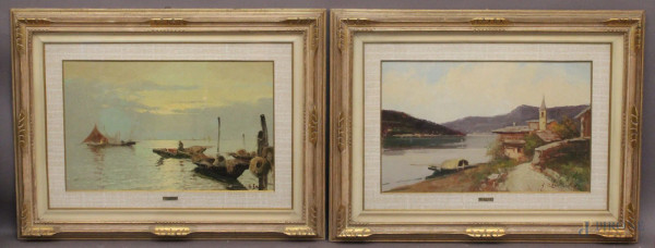 Veduta del fiume Po&#39; al tramonto, coppia di dipinti ad olio su cartone 53x38 cm, firmati G. Rocca.