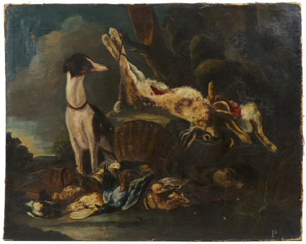 Cacciaggione, olio su tela, cm 102x130, XIX secolo, (piccole cadute di colore sparse)