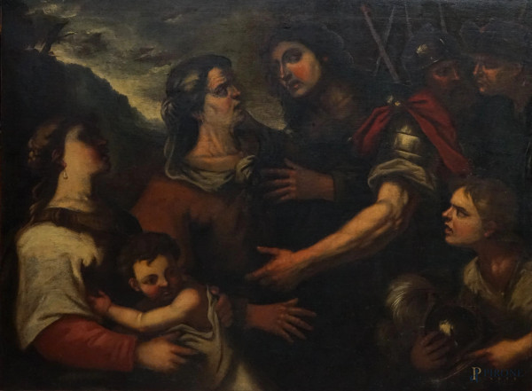 Scuola veneta del XVII secolo, Alessandro Magno incontra la famiglia di Dario, olio su tela, cm 112,5x150,5, (lievi difetti sulla tela).