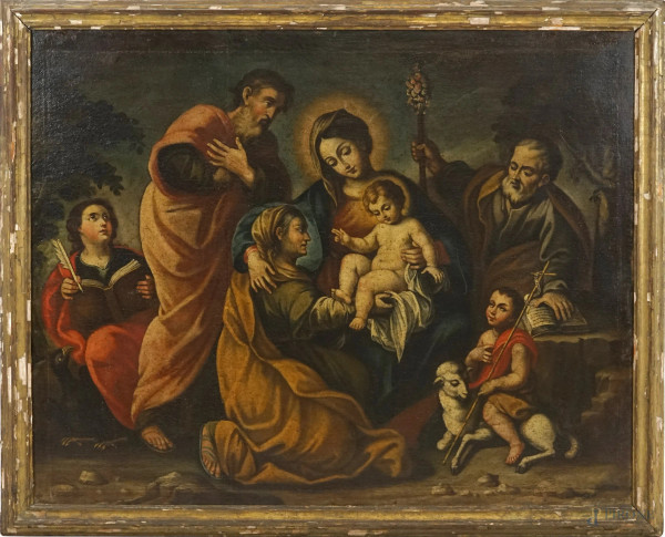 Pittore del XVII-XVIII secolo, Sacra famiglia con Sant'Anna, San Giovannino e San Giovanni Evangelista, olio su tela, cm 100x127, entro cornice