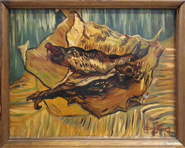 Maestro del XX seoclo, Natura morta con aringhe, 1960, olio su faesite, cm 25x33, firmato e datato