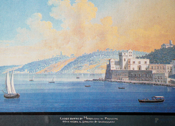 Lotto di 5 stampe e 1 gouache raffiguranti vedute di Napoli, dimensione massima cm 16x14,5 entro ...