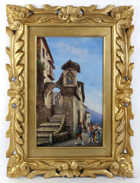 Piazza di Pietra Sprecata, olio su cartone, cm. 38x23, firmato, entro cornice.