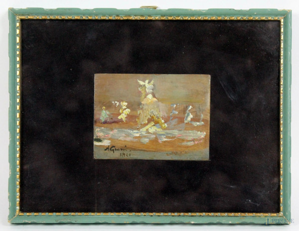 Studio di fontana, olio su tavoletta, cm. 8x11, firmato A. Grassi, entro cornice.