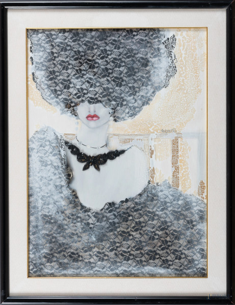 Volto di donna, XX secolo, acrilico e collage su tela, cm 70x50, firmato a destra, entro cornice, (segni di usura, difetti)