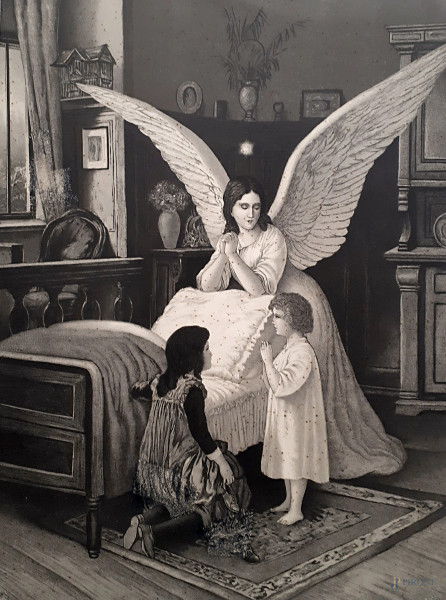 L’angelo custode, antica rara cromolitografia a un colore raffigurante interno di dimora con bambini e Angelo Custode in preghiera, 1870.