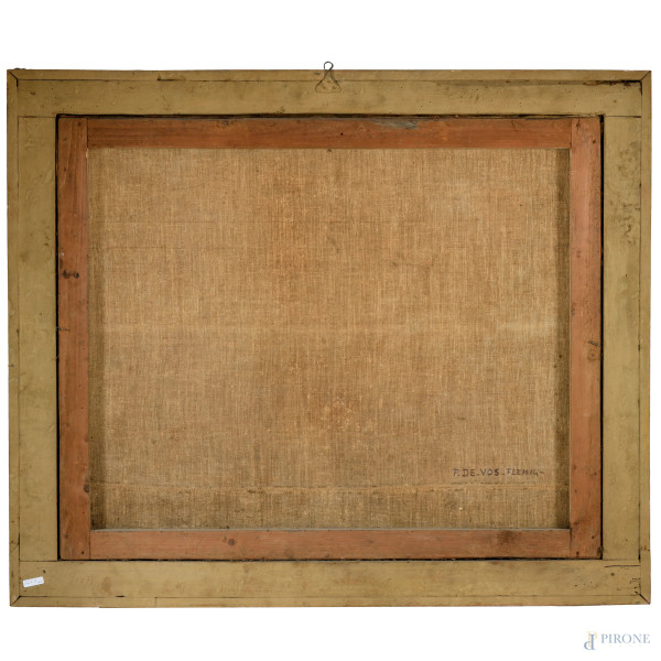 Coppia di dipinti raffiguranti paesaggi con figure, olio su tela, cm 79x99, XVIII secolo, (difett...