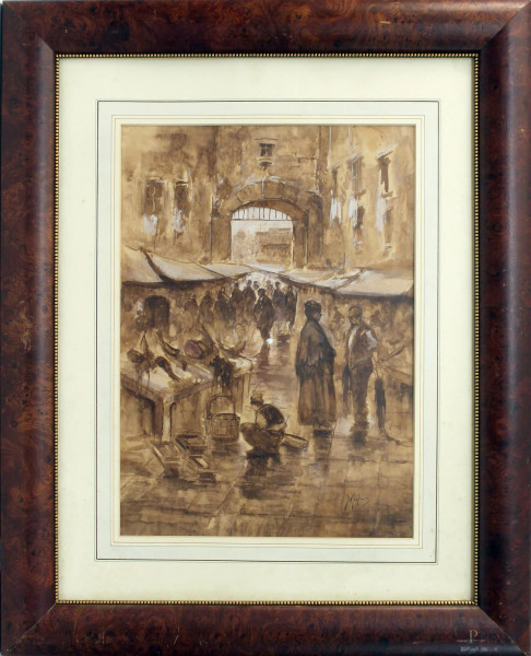 Mercato di Napoli, acquarello su carta, cm 46x33, firmato Migliaro, entro cornice.