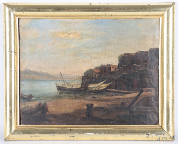 Veduta costiera con borgo marinaro, XIX secolo, olio su tela, cm 23x30, entro cornice, (segni di usura, abrasioni, ondulazioni della tela, difetti)