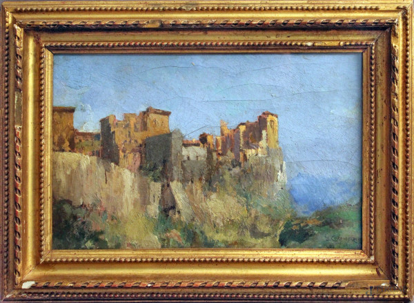 Umberto Coromaldi - Scorcio di paese laziale, olio su tela, cm 21 x 31, entro cornice.
