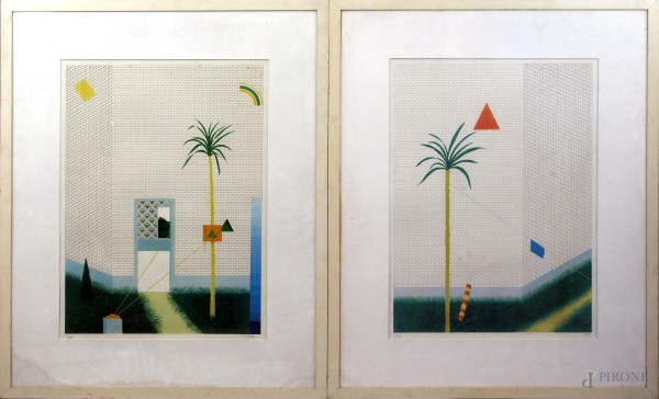 Etienne  Elias - Lotto di due serigrafie a colori, cm 72x54, entro cornici