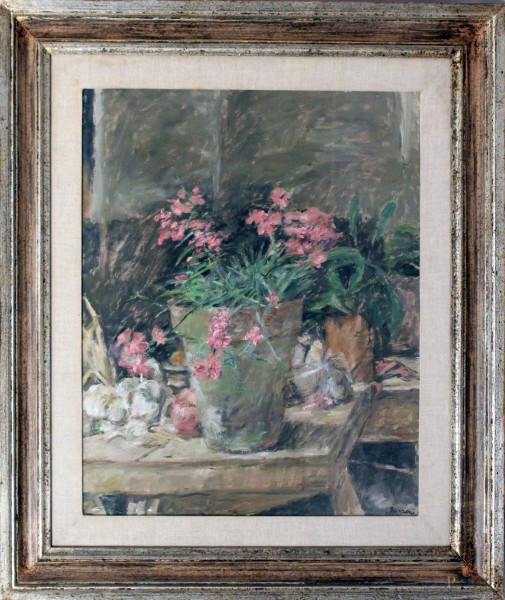Enzo Faraoni - Natura morta con vaso e fiori, olio su tela, cm 60x50, entro cornice.