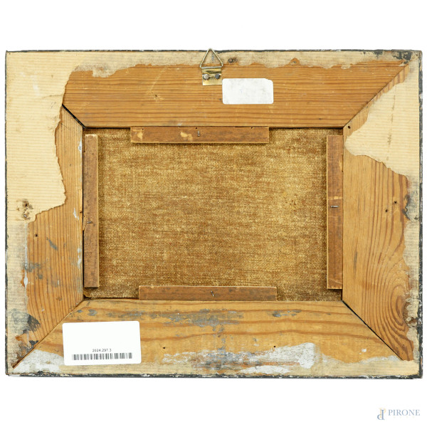 Scuola italiana d'inizio XX secolo, Paesaggio fluviale con pastori, olio su tela, cm 19x13