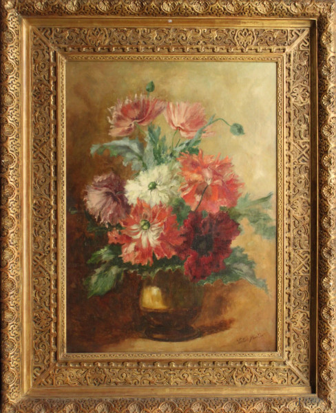 Martin Victor - Natura morta, vaso con fiori, olio su tela 73x54 cm, fine XIX sec, entro cornice.