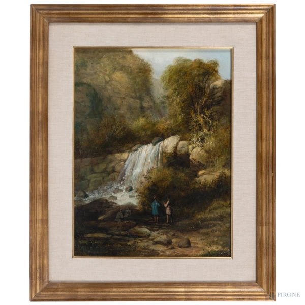 Gli artisti alla cascata, XIX secolo, olio su tela, cm 51x39,5, siglato in basso a sinistra, entro cornice (craquelure)