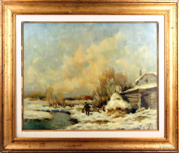 Ivan   Karpoff - Paesaggio invernale, olio su tela, cm. 40x50, entro cornice.