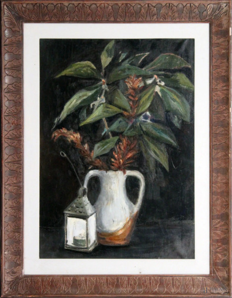 Domenico Purificato - Natura morta con vaso di fiori, olio su tela, 70x50 cm, entro cornice, (privo di autentica).
