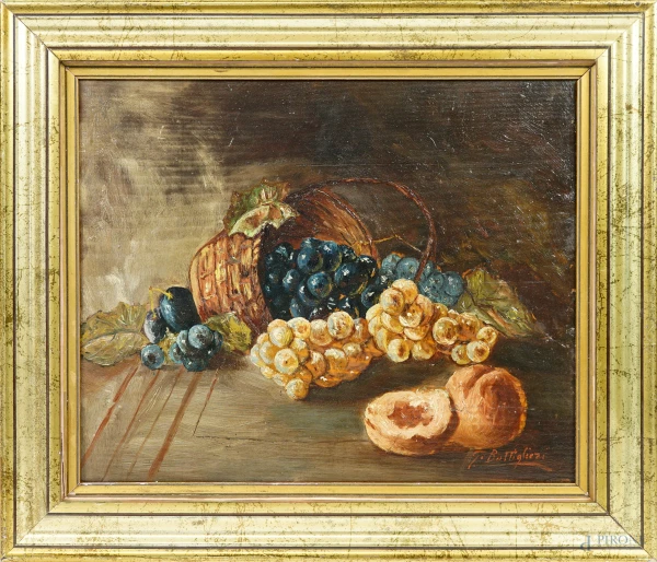 Cesta con uva, prugne e pesche, olio su tavola, firmato, cm 30x36, entro cornice