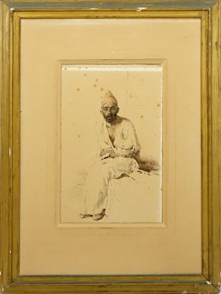 Arabo seduto, china su carta, cm 46x29, firmato D.Morelli, entro cornice, (macchie sulla carta).