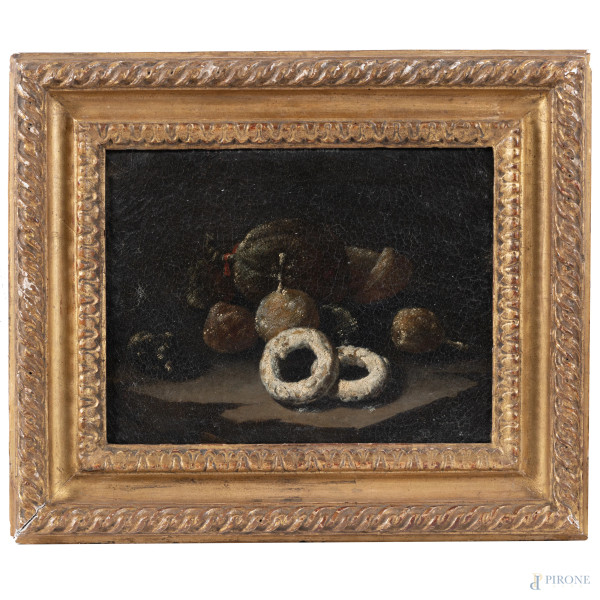 Natura morta con frutta e taralli, XVIII-XIX secolo, olio su tela, cm 25x31,5, entro cornice, (sollevamenti di colore, craquelure)