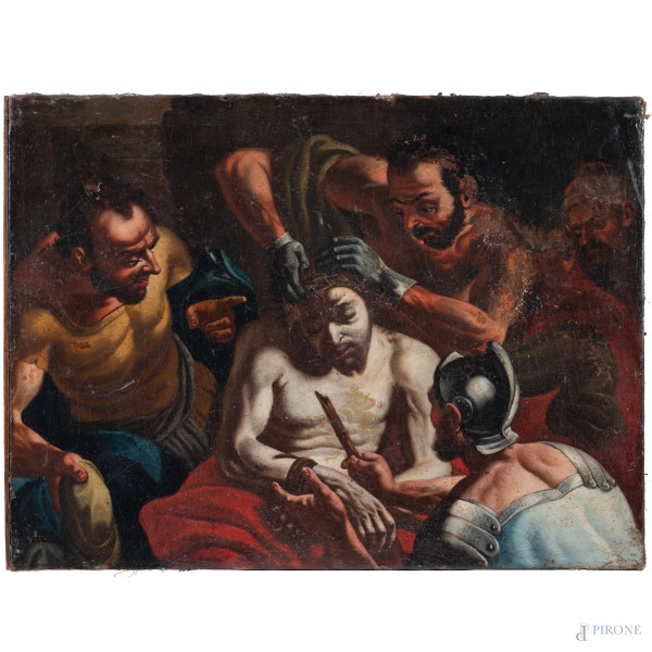 Cristo deriso, XVIII secolo, olio su tela, cm 75x100, (craquelure, sollevamenti e cadute di colore, abrasioni, lacerazioni)
