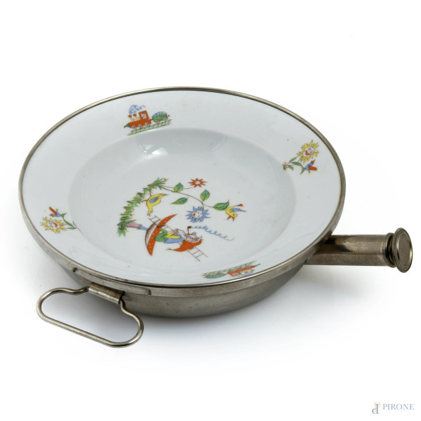 Scaldapappa in ceramica e acciaio, XX secolo, cm 5x24x20, (segni di usura)