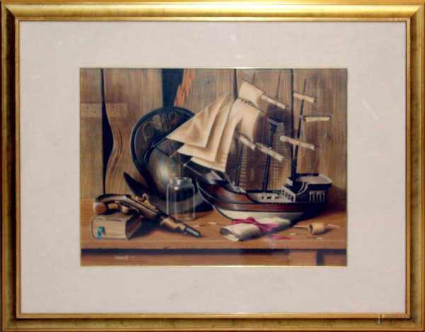 Natura morta, barca, elmo e pistola, olio su tela, cm. 60x80, firmato F. Alberti, entro cornice.