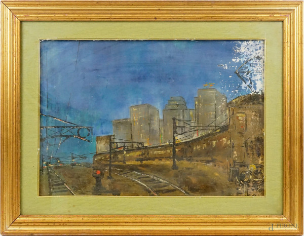 Stazione, olio su tela, cm 40,5x49,5, firmato, entro cornice, (difetti).