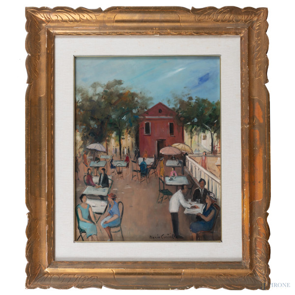Mario Cortiello (1907-1981), Al caffè, olio su faesite, cm 50x40, firmato in basso a destra, entro cornice