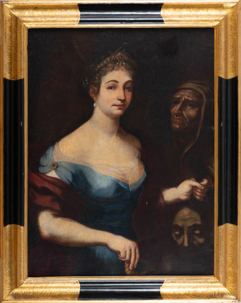 Giuditta con la testa di Oloferne, XVIII secolo, olio su tela, cm 97x74, entro cornice, (lievi abrasioni, superficiale lacerazione della tela)