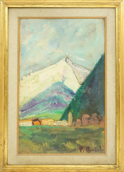 Paesaggio montano, olio su cartone, cm 52x32,5, firmato, entro cornice