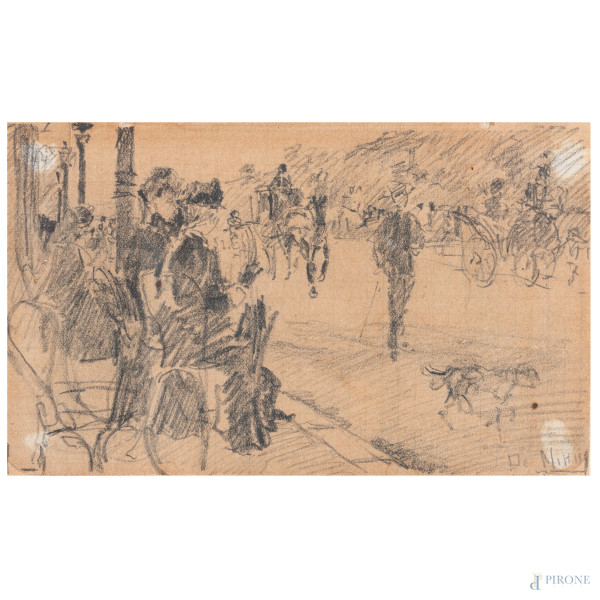 Attribuito a Giuseppe De Nittis (1846-1884), Boulevard a Parigi, disegno a tecnica mista su carta...