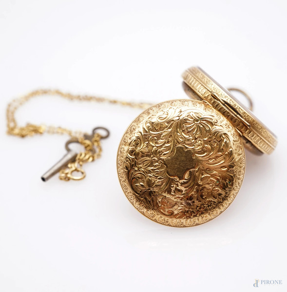 Orologio da tasca con catena, in oro 18 KT, quadrante circolare diametro cm 4, peso dell'orologio...