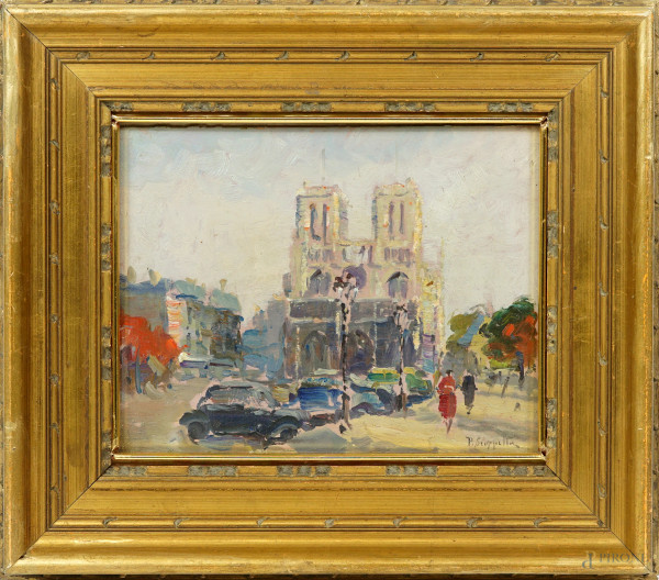 Parigi, olio su cartone, XIX secolo, cm 17x22, firmato, entro cornice, (difetti)