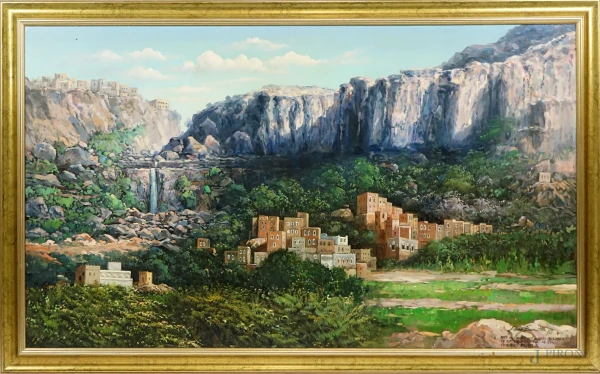 Paesaggio yemenita, olio su tela, cm 90,5 x 152,5, firmato e datato 1989, entro cornice