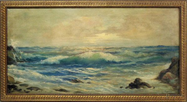 Marina, dipinto olio su tela,cm. 60x120, firmato, entro cornice.