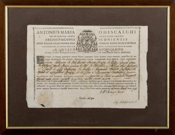 Lotto di 2 documenti rispettivamente  datati "1798" e "1761", misure comprensive di cornice cm 33,5x43,5, (difetti)