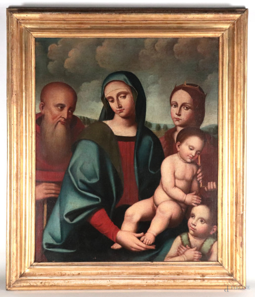 Sacra famiglia, XVII-XVIII secolo, olio su tela, cm 71x59, entro cornice