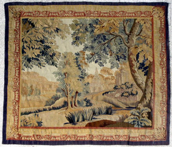 Tappeto aubusson a soggetto di paesaggio, cm 127x123.