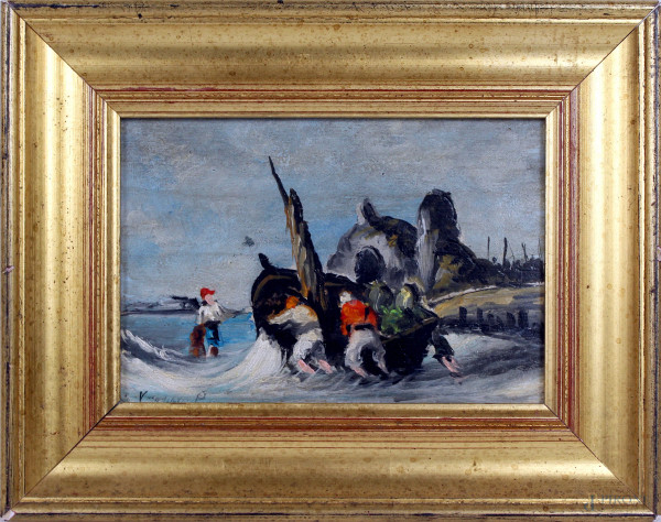 Marina con pescatori, olio su tavola, cm 12x17, firmato, entro cornice