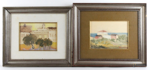 Coppia di paesaggi con case, olio su tela, cm. 18x24, firmati,  entro cornice.