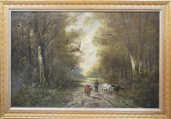 Paesaggio boschivo con mucche e figura, dipinto dell&#39;800 ad olio su tela 78x119 cm, entro cornice, (difetti alla tela).