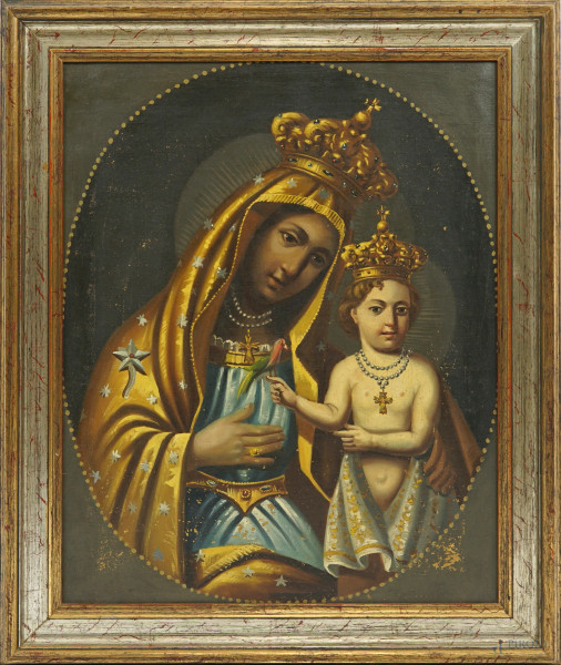 Scuola coloniale dell'inizio del XX secolo, Madonna nera con il Bambino, olio su tela, cm 64,5x51,5, entro cornice