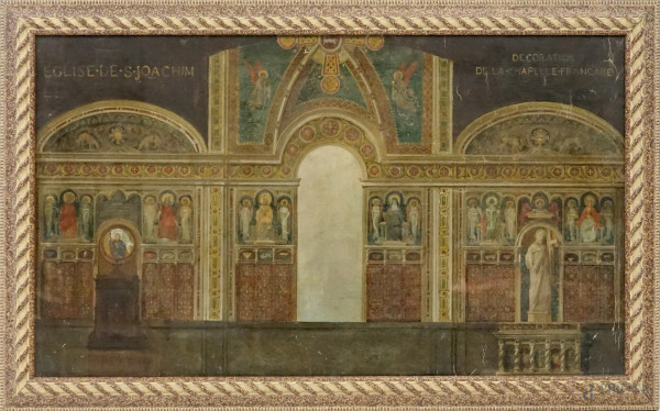 Eugenio Cisterna (1862-1933) attr.a, Bozzetto dipinto ad olio su tela raffigurante la Decorazione della Cappella della Francia - Chiesa di S. Gioacchino a Roma, cm 40x70, entro cornice.